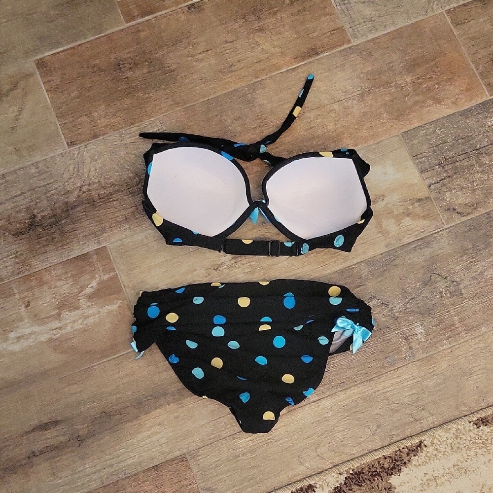 Venus Sz 8 Black, Blue, & yellow polka Dots Bikini w/ Pushup Bra and Bow Accents - Picture 2 of 8